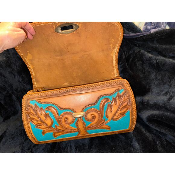 VINTAGE UNIQUE TURQUOISE LARGE WESTERN TOOLED LEATHER BAG! - Picture 3 of 11